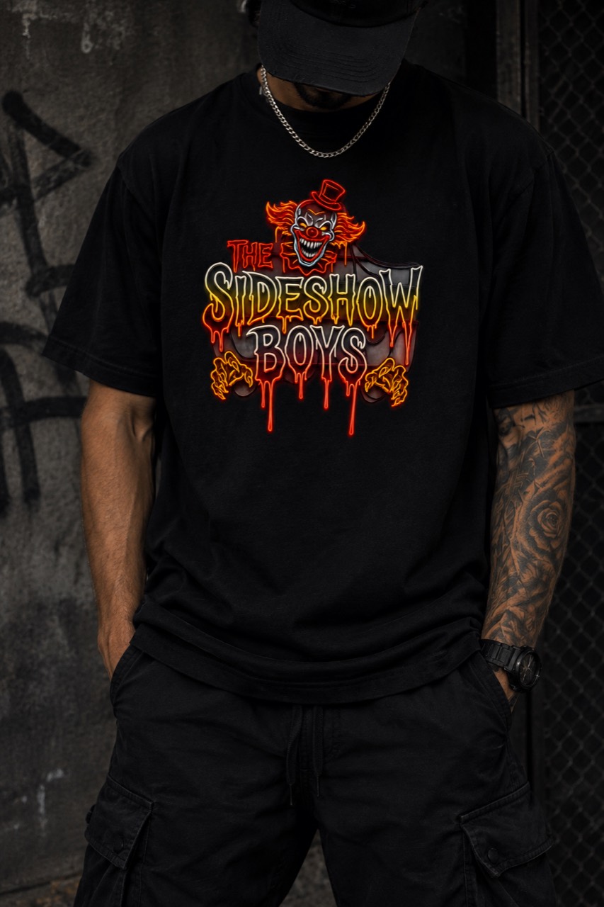 Sideshow Boys Logo Tee front view on black premium cotton