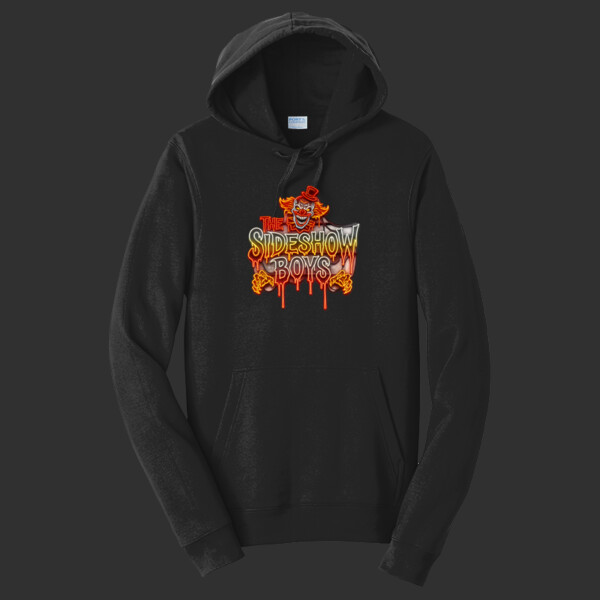 Sideshow Boys Hoodie front view with logo on black fleece
